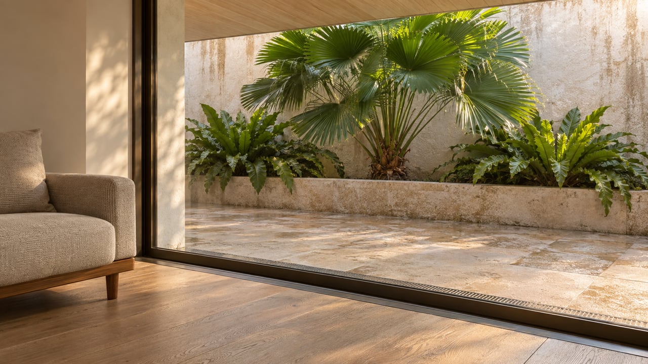 Living-room glass doors overlook a stone terrace, limewashed courtyard wall, and fan-shaped palms.