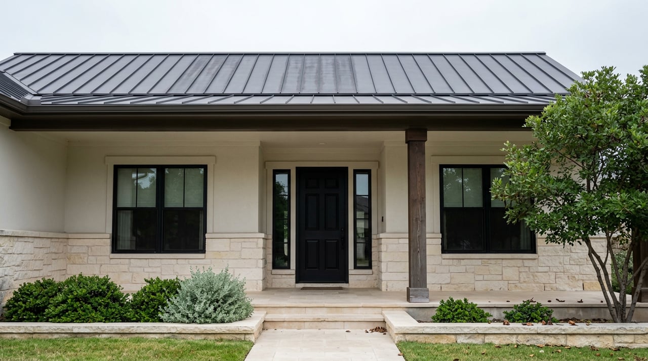 Covered home entry with a black door, limestone walls, timber column, and native plants along the walkway.