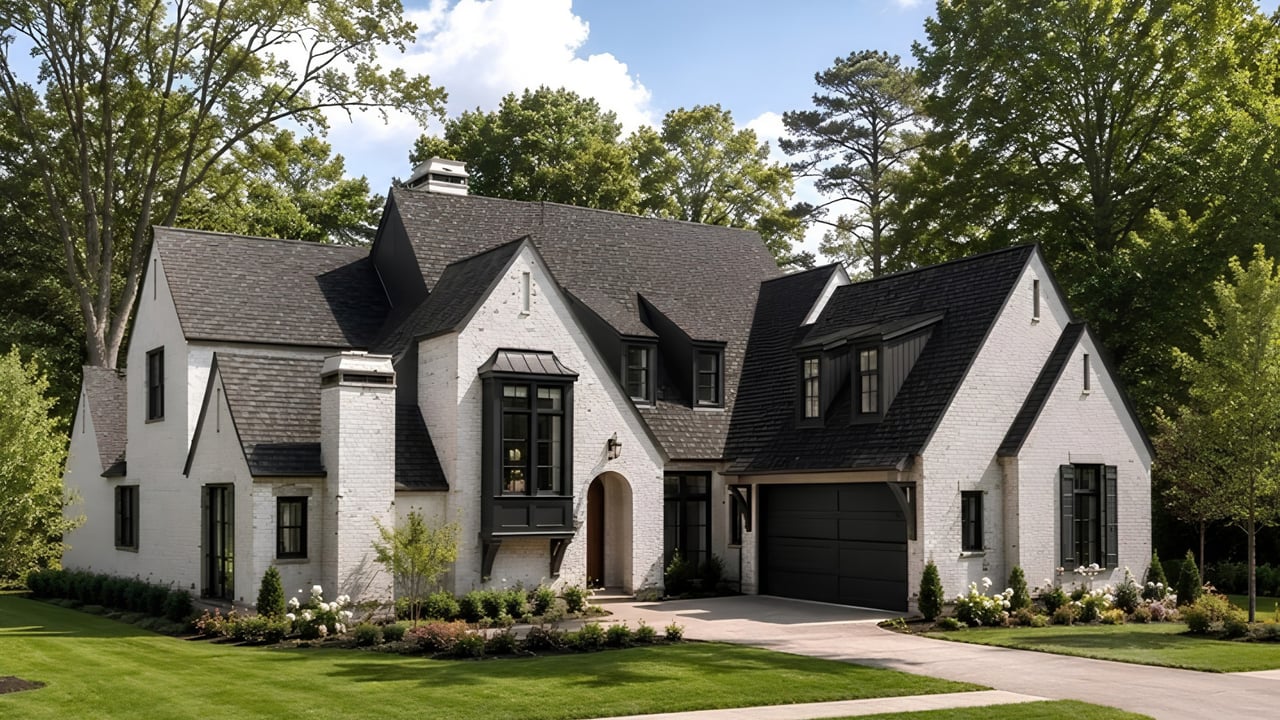 White-brick house with steep dark roofs, black-framed windows, and a landscaped lawn.