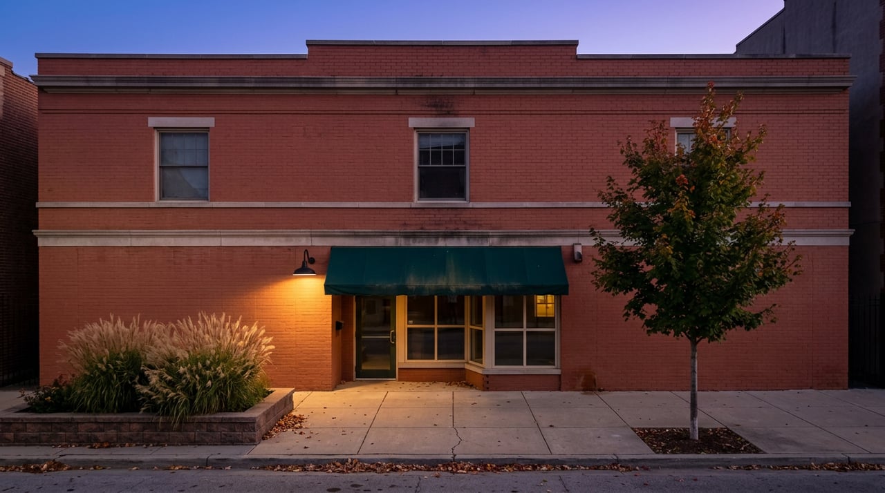 Two-story red-brick storefront with a green awning, glowing windows, and a lantern above the entry at dusk.