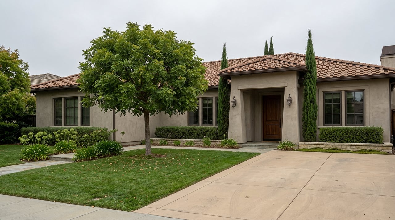 Mediterranean stucco house with terracotta roof, cypress trees, and a pistache tree on a broad lawn.