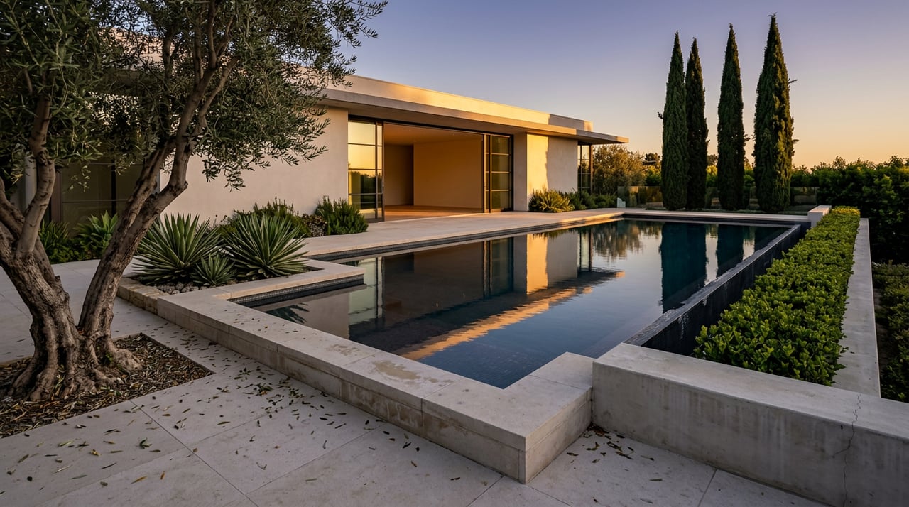 Infinity pool faces a pale stucco hillside home with open glass doors, cypress trees, and an olive tree.