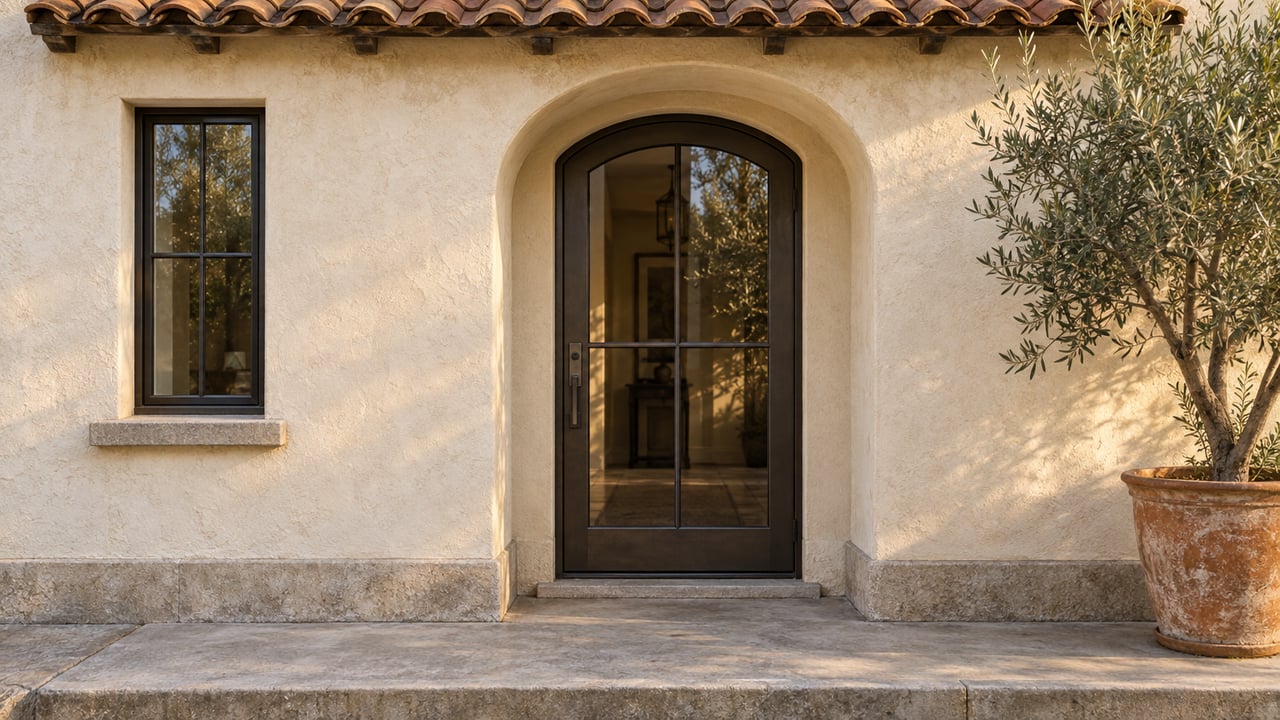 Compact stucco home entrance with a recessed arched glass door, narrow window, and olive tree in a terracotta planter.