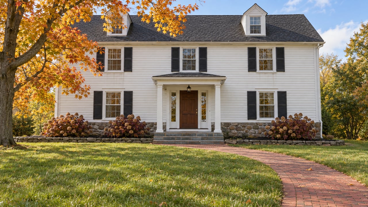 White clapboard home with dark shutters, fieldstone foundation, a curved brick walk and broad autumn lawn beside an orange-leaved maple.