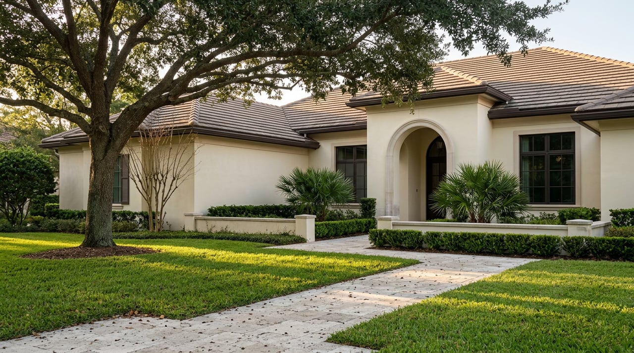 Ivory stucco estate with an arched stone entry, terracotta roof, and oak canopy beyond a broad lawn and paver walk.