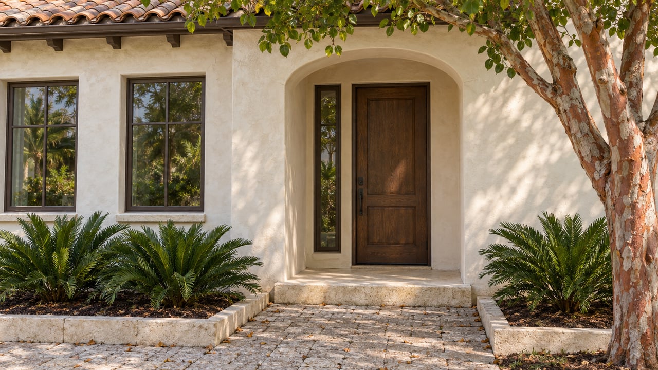 Compact ivory stucco house with a bronze door, tiled roof, paver approach, and gumbo-limbo tree.