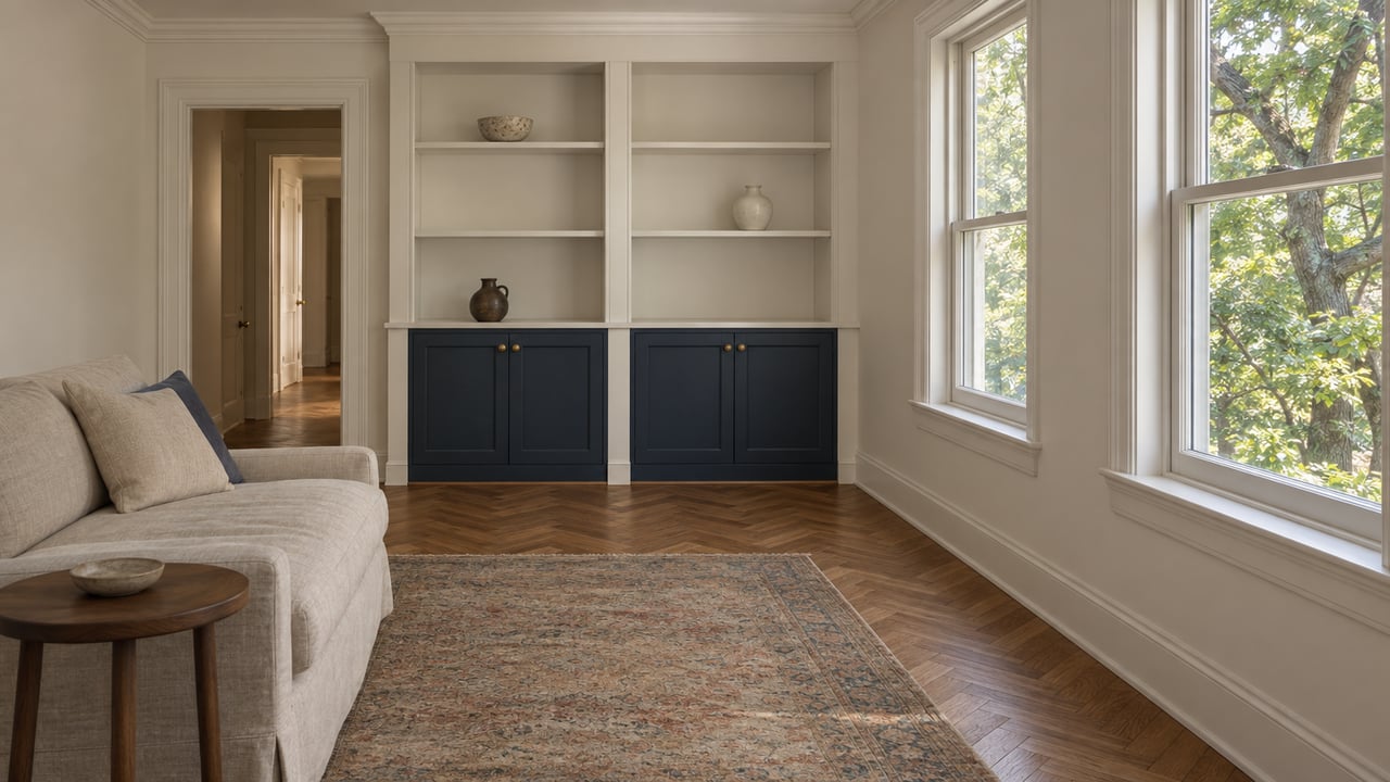 Living room with a white built-in bookcase, navy lower cabinets, oak herringbone floors, and two tall windows.