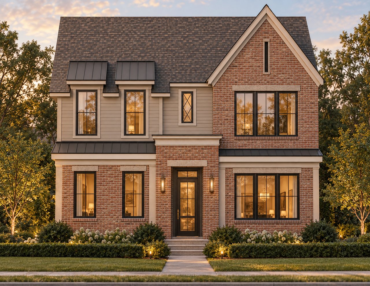 Two-story brick-and-siding home with a steep roof and landscaped front entry at dusk.