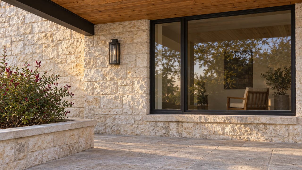 Warm afternoon light grazes a limestone porch wall beside a black-framed window, timber soffit and a stone planter holding flowering autumn sage.