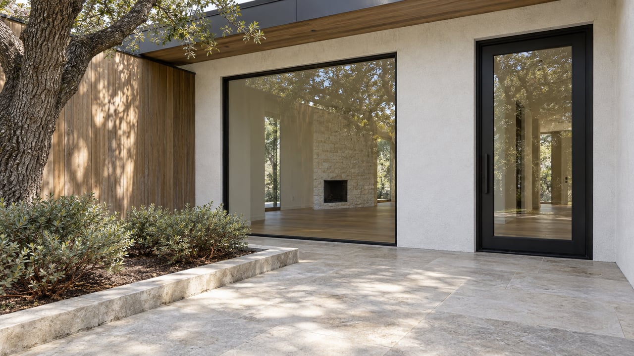 White stucco and warm wood home entry with black-framed glass, a limestone terrace, and a mature oak beside a raised planting bed.