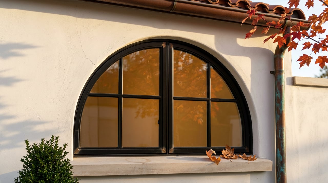 Arched black steel window in white stucco, reflecting orange maple leaves above a limestone sill scattered with dry leaves.