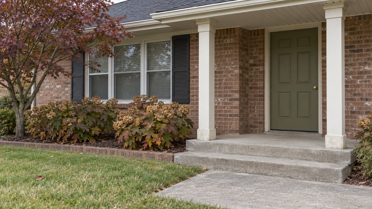 Brick ranch porch with an olive front door, white columns, shuttered window and autumn dogwood beside a concrete walk.