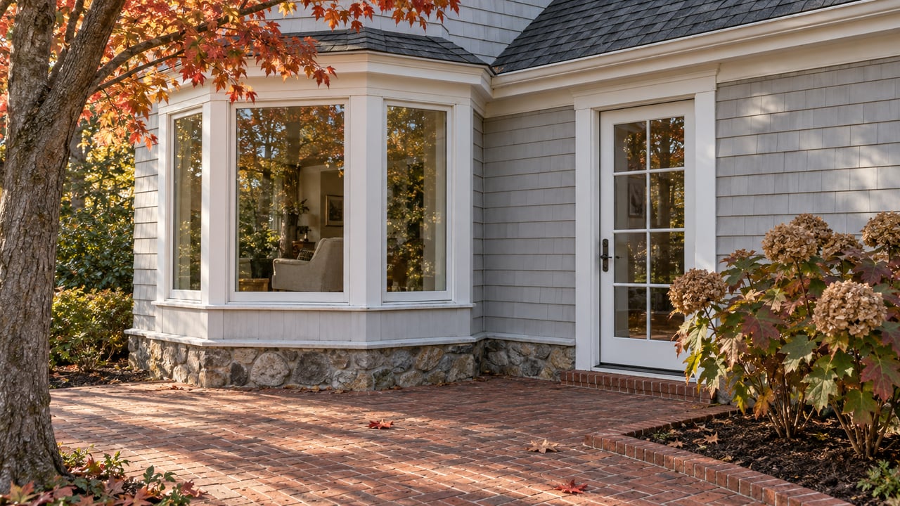 Pale-gray clapboard home with a white-trimmed bay window, brick terrace, autumn maple and bronze oakleaf hydrangeas.