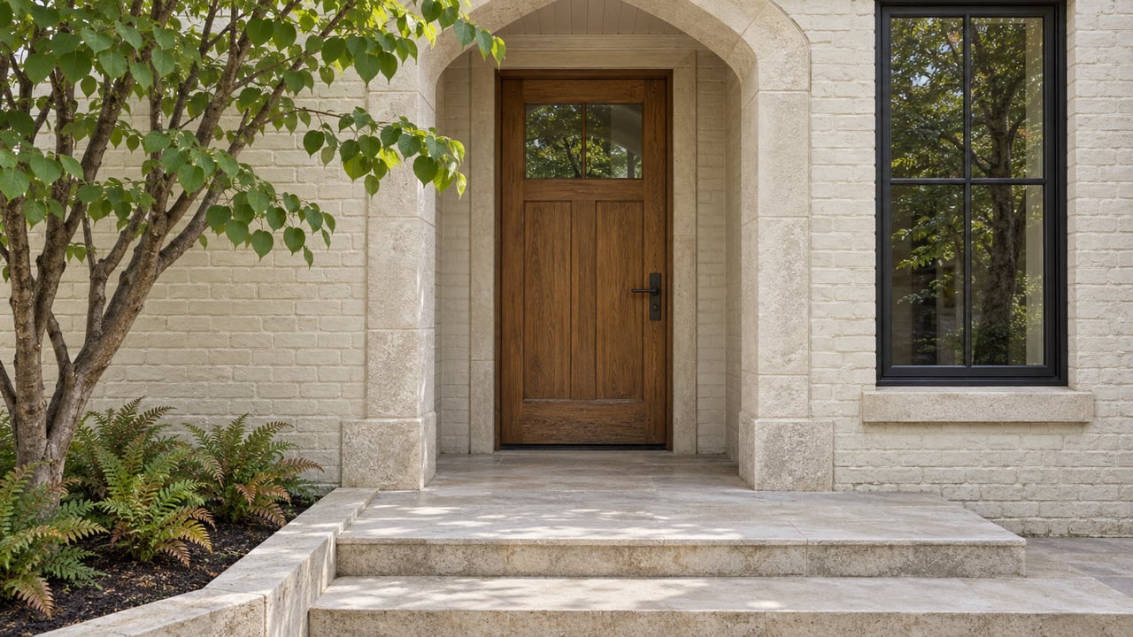 Ivory brick cottage entry with a limestone arch, oak door, black-steel window and a redbud beside the steps.