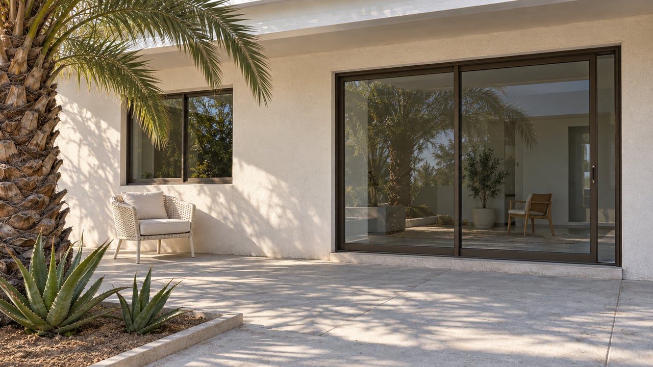 Warm light crosses a pale concrete patio beside a white stucco home, closed glass doors, a date palm and two aloe plants.