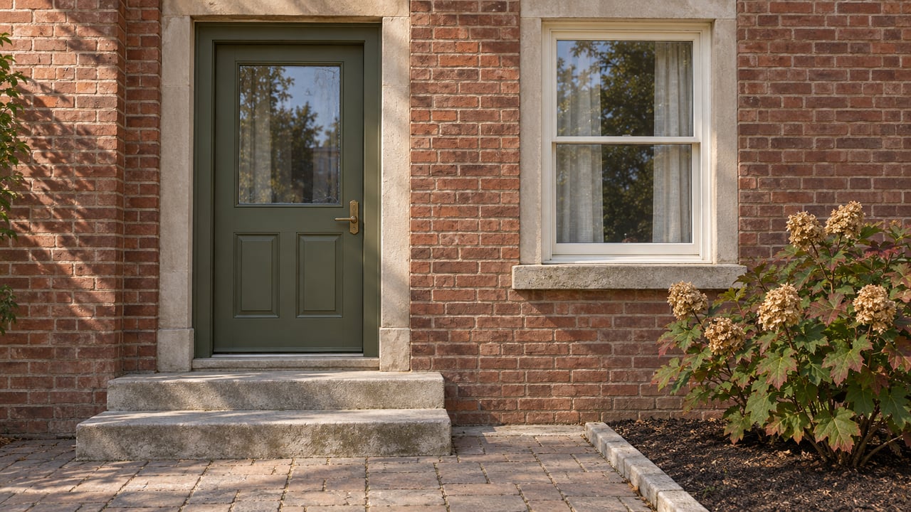 Warm brick townhome entry with an olive door, ivory sash window, worn concrete steps and one oakleaf hydrangea.
