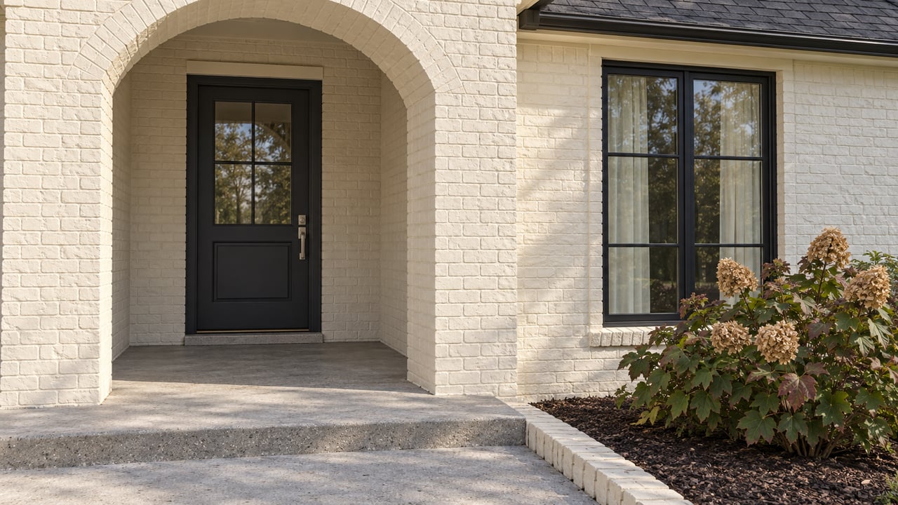 Ivory painted-brick home entry with a recessed charcoal door, black-framed window, concrete step, and oakleaf hydrangea.