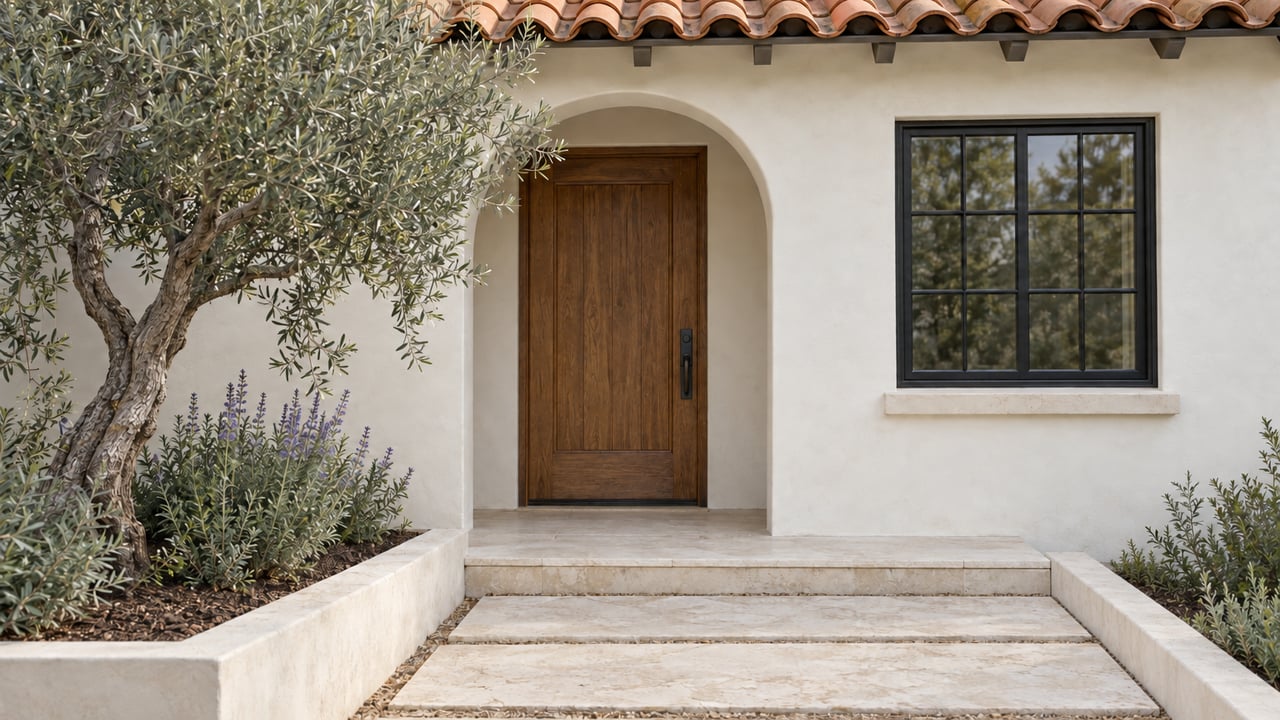 Limestone approach beside a stucco arch, with a low curb edging the right-hand planting bed.