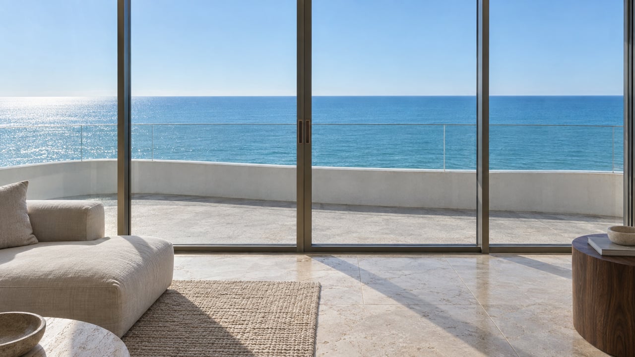 Living room with an ivory sofa and walnut table facing turquoise water through closed glass doors.