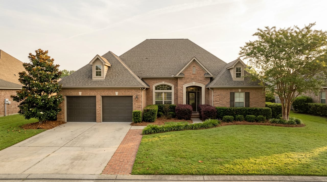 Two-story brick home with an arched transom, landscaped lawn, and a specimen tree.