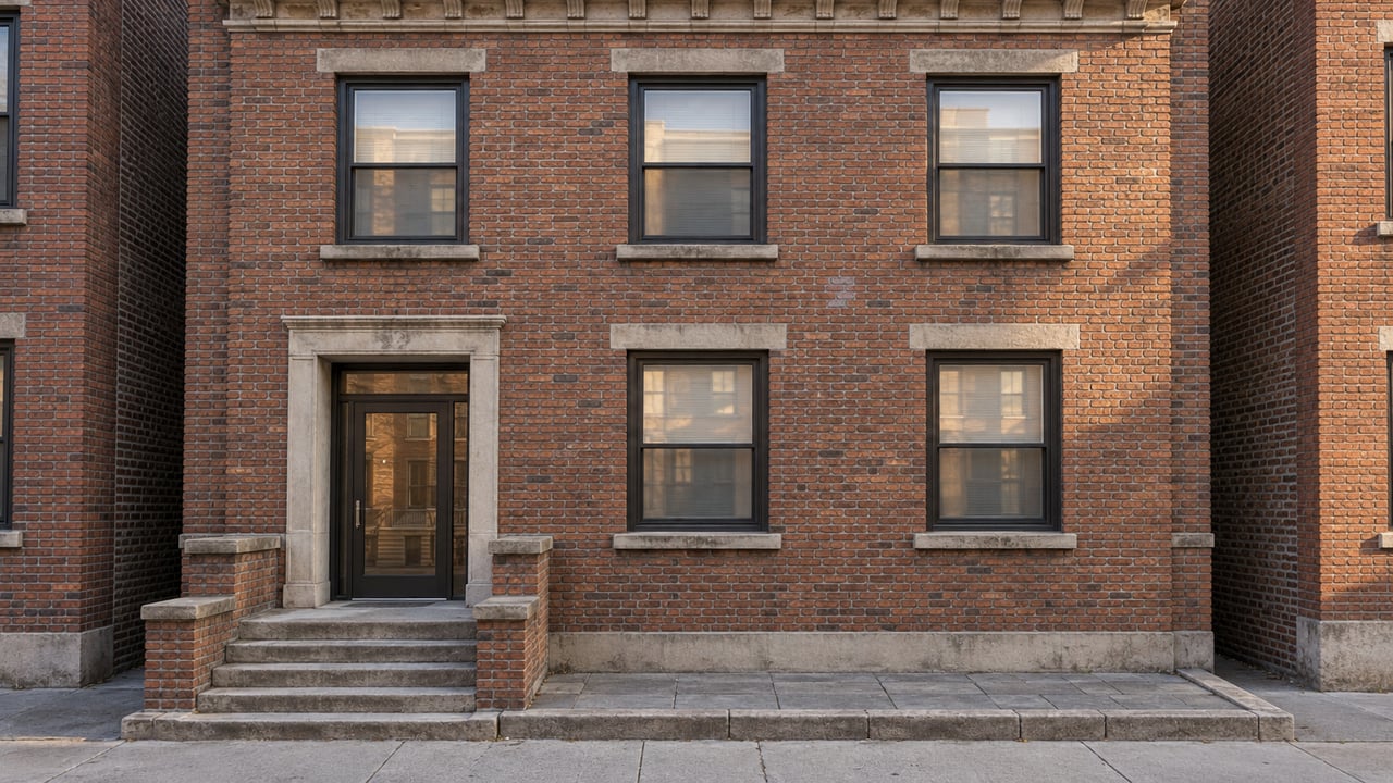 Three-story russet-brick multi-family home with bronze-framed windows, limestone details and a raised stone entrance stoop in afternoon light.