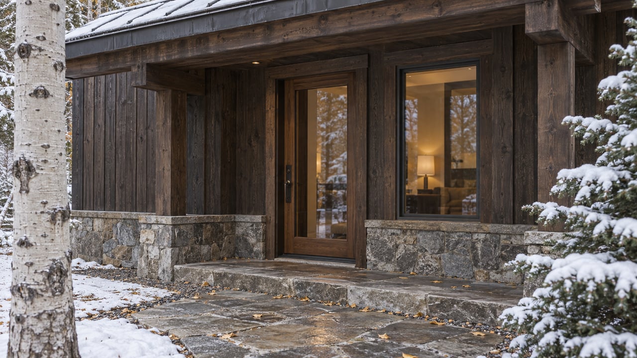 Mountain home entry with a closed glazed timber door, stone approach, snow-dusted roof, and aspen trunk.