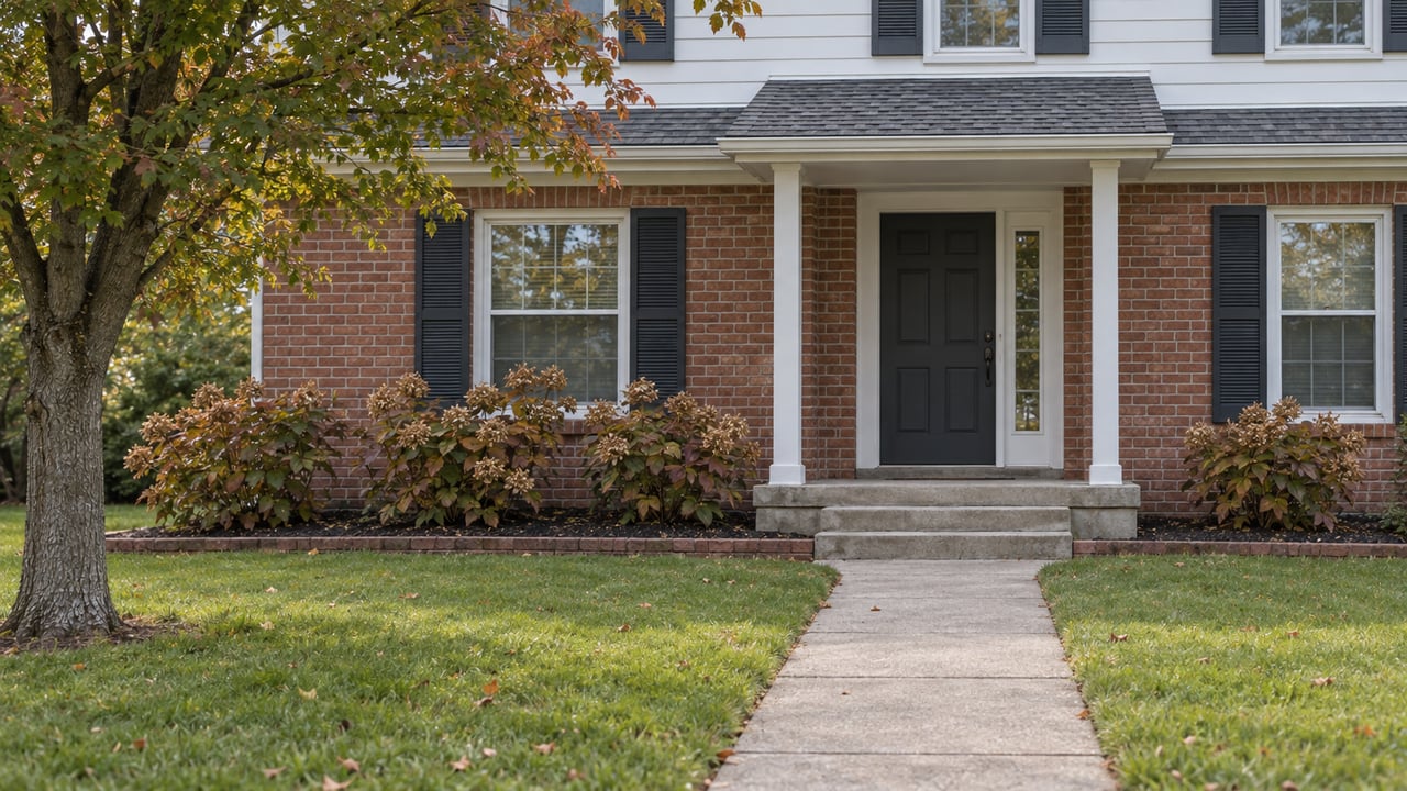 Brick-and-white-clapboard home with a covered front entry, concrete approach, mature maple and autumn oakleaf hydrangeas.