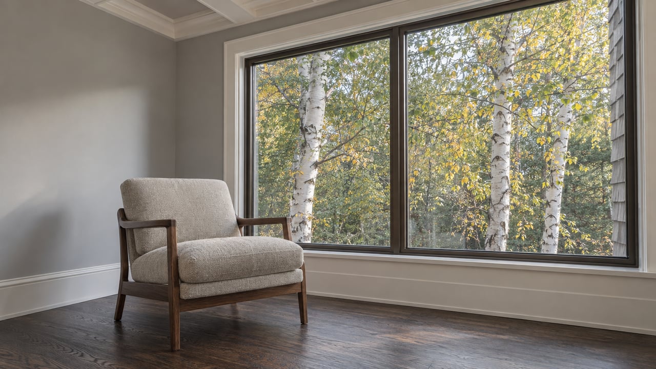 A wool lounge chair beside a broad closed window, framed by painted millwork and dark oak flooring, with yellow-leaved white birches outside.