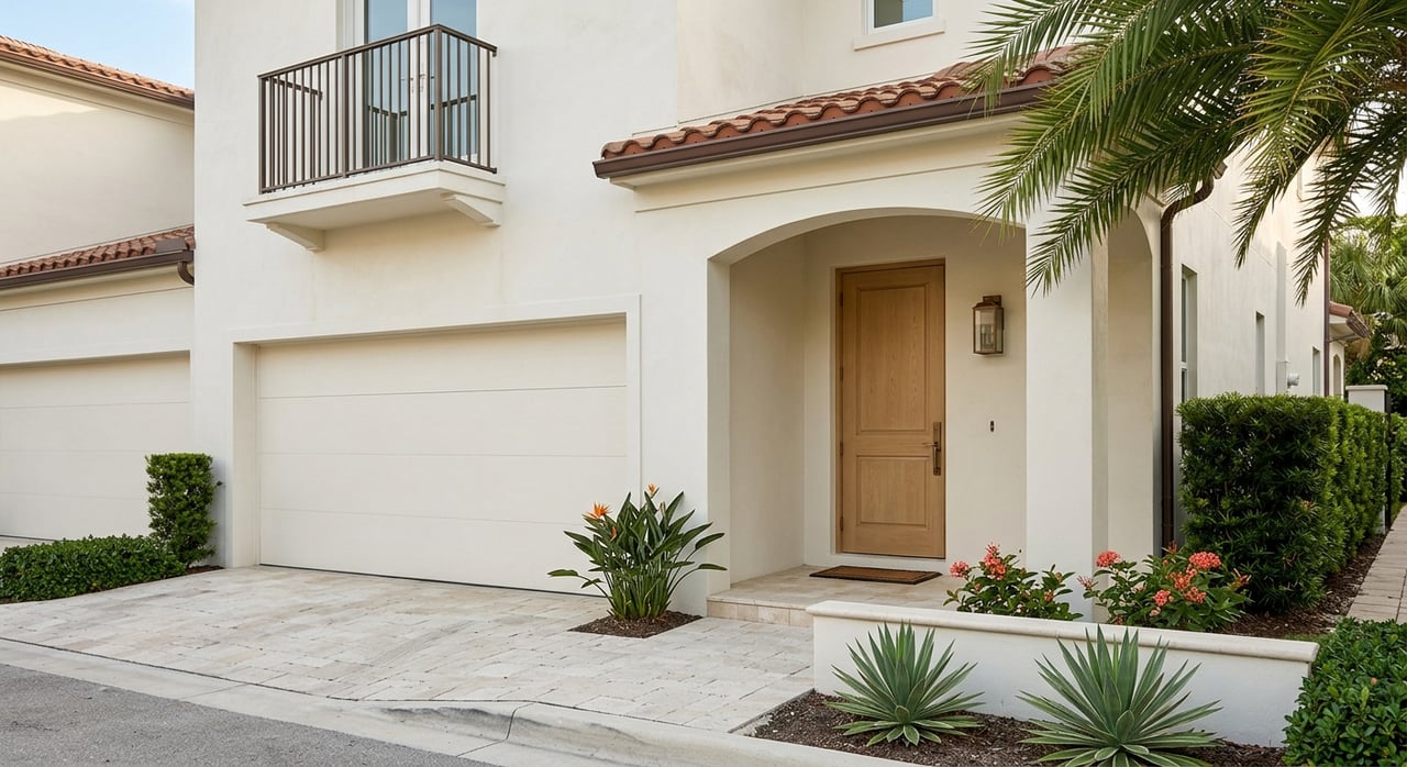 Attached townhome entry with a garage, oak front door, terracotta roof, paver apron, and agave plants.
