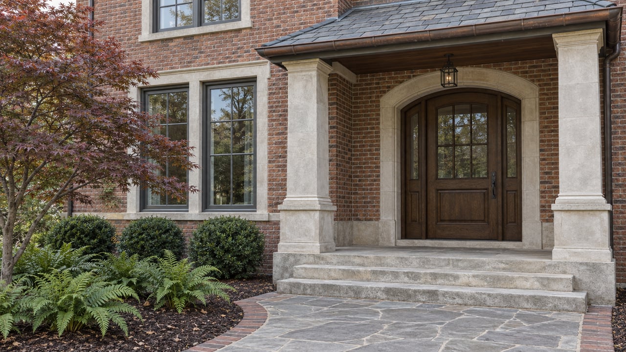 Brick home entry with a limestone arch, dark oak door, broad stone steps and a Japanese maple beside the window.