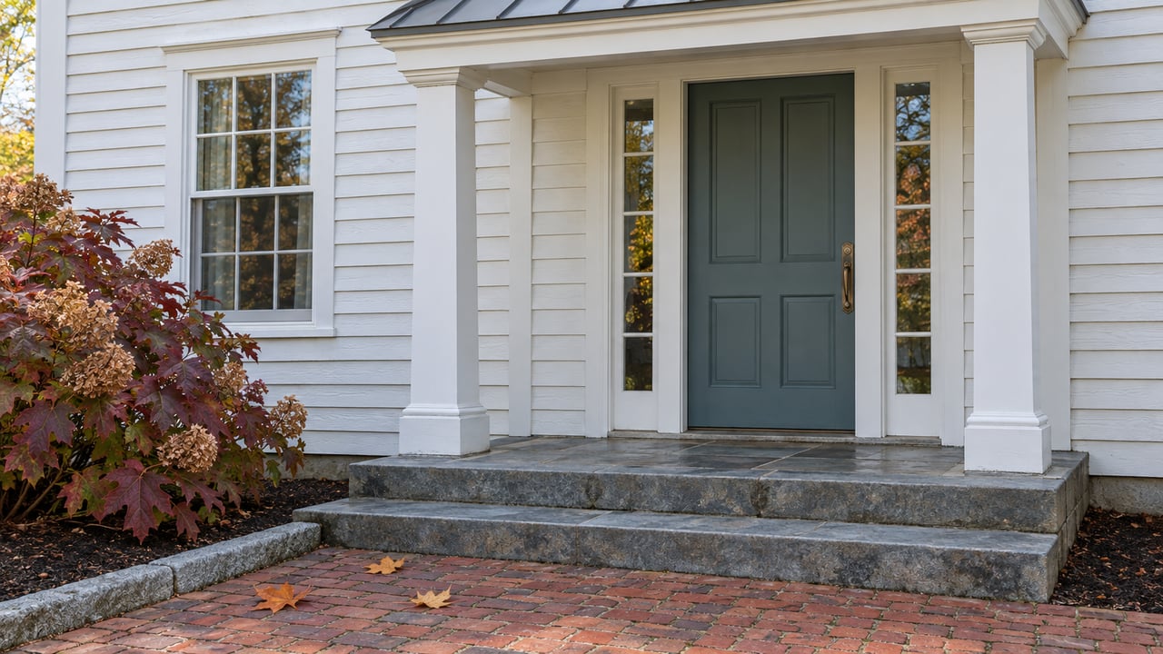 White clapboard home entrance with a blue-green door, bluestone steps, brick approach and burgundy oakleaf hydrangea.