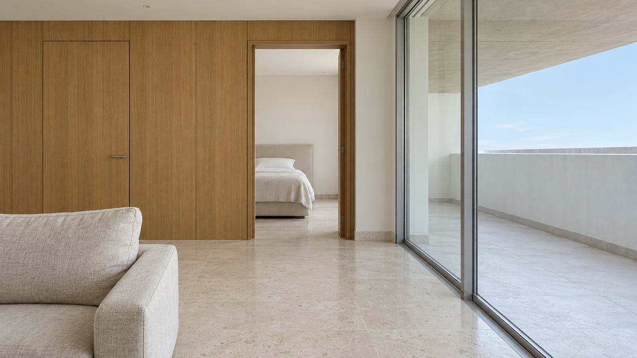 Light-filled apartment interior with pale limestone flooring, oak-paneled bedroom passage, linen seating, and glazed doors onto a covered balcony.