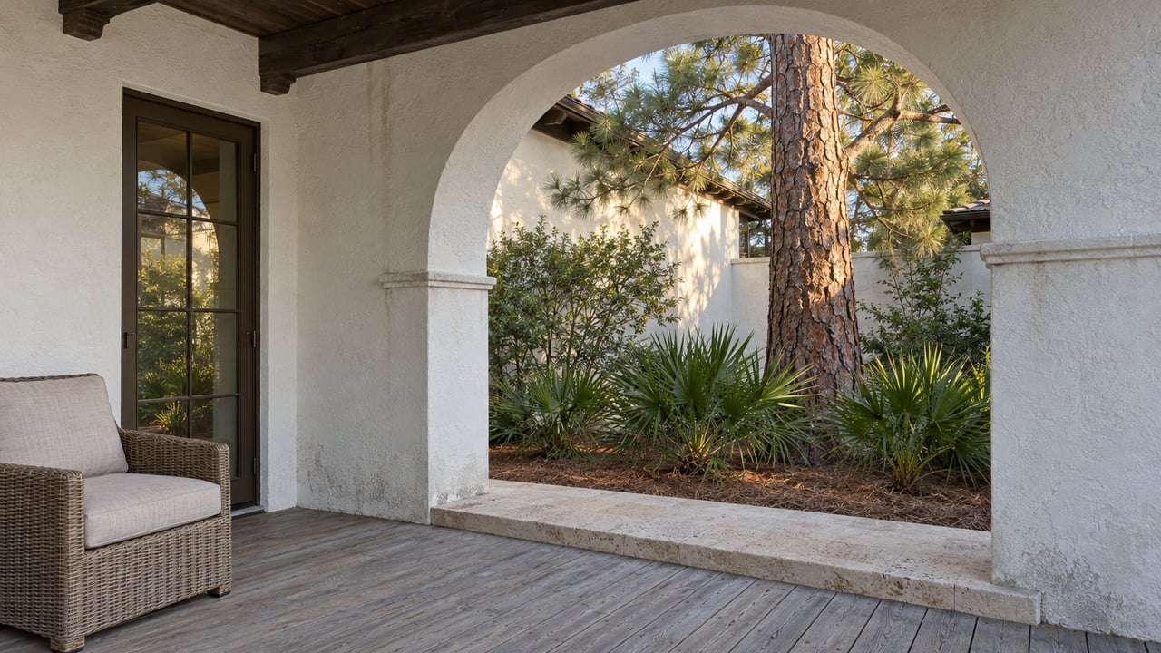 White stucco porch arch framing a mature pine and low palmettos, with weathered decking and one woven outdoor chair.