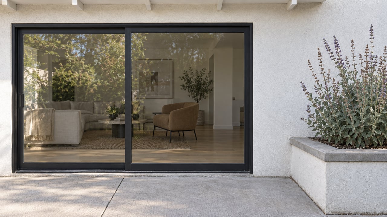 Black-framed sliding glass doors connect a contemporary living room to a concrete patio beside a masonry planter of Cleveland sage.