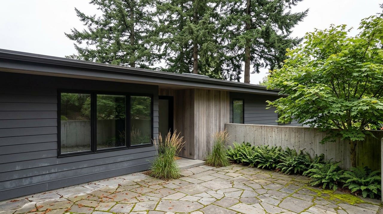 Low contemporary home with charcoal siding and gray cedar entry, fronted by a moss-jointed stone courtyard beneath fir trees.