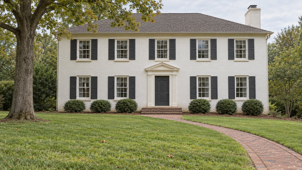 White-painted brick two-story home with dark shutters, a curved brick walk and a broad sloping lawn beneath a mature white oak.