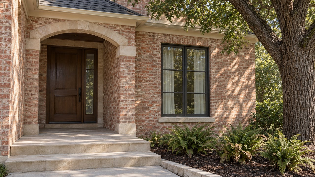 Pale-red brick porch with a limestone arch, recessed walnut door, dark-framed window and ferns beside a mature oak.