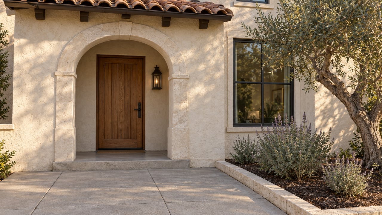 Warm afternoon light on a cream stucco home's arched stone entry, oak door, clay tile roof, and olive planting beside a concrete approach.
