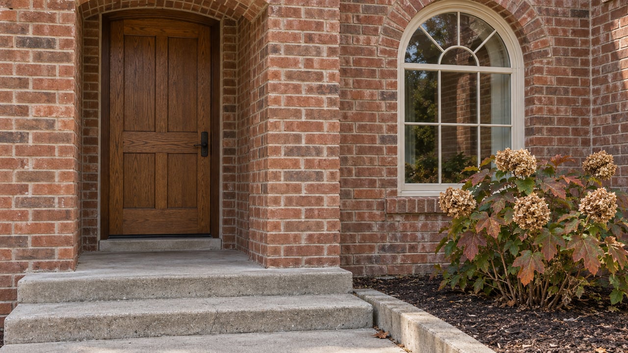 Autumn light on a recessed oak front door and arched window of an established brick home, beside an oakleaf hydrangea and worn concrete steps.