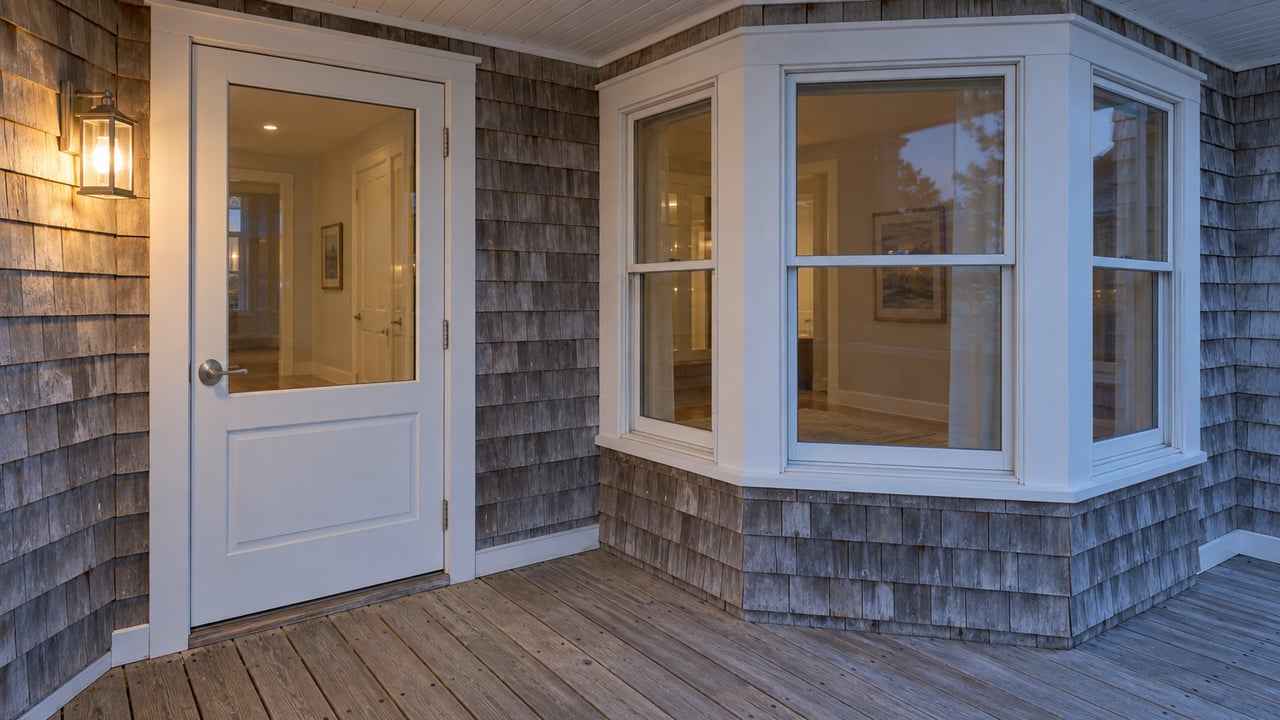 A softly lit covered porch with weathered gray cedar shingles, a white glazed entry door and projecting sash-window bay at blue hour.