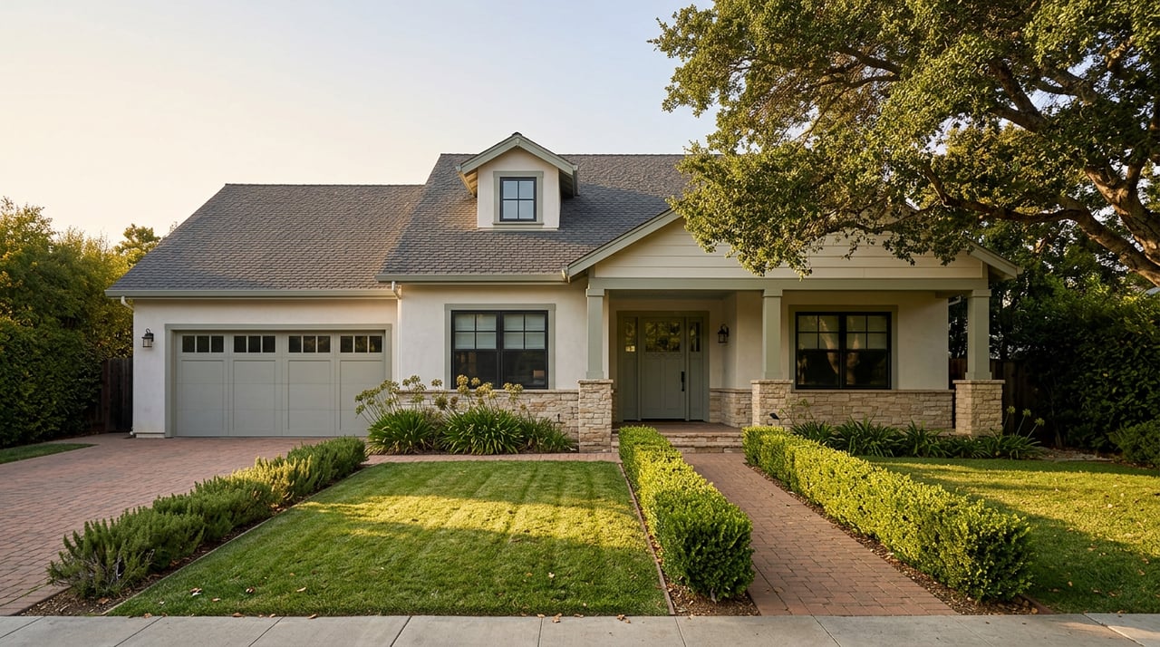 Two-story stucco home with a stone-pillared porch, broad lawn, mature oak, and terracotta paver driveway.