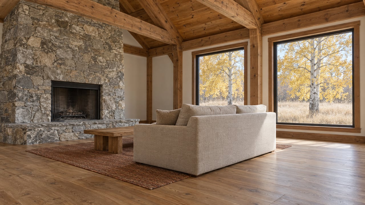 Timber living room with a gray stone fireplace, oatmeal sofa, oak floors, and tall windows overlooking golden aspens.