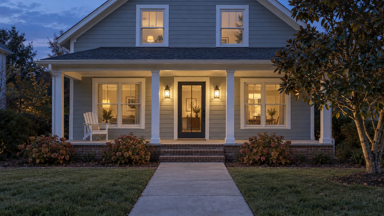 Blue-gray gabled home at dusk, with warm porch lights, brick steps and a concrete path across a front lawn.