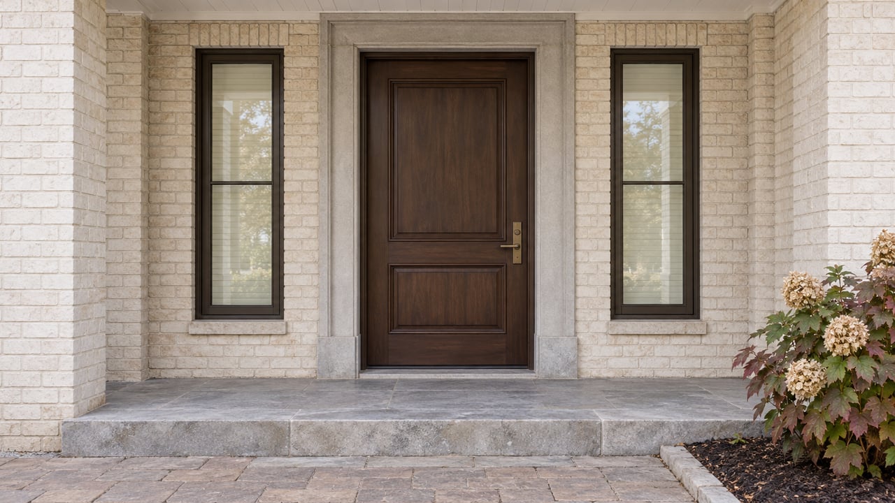 Sheltered walnut front door with matching bronze-framed windows, ivory brick, limestone steps and autumn oakleaf hydrangea.