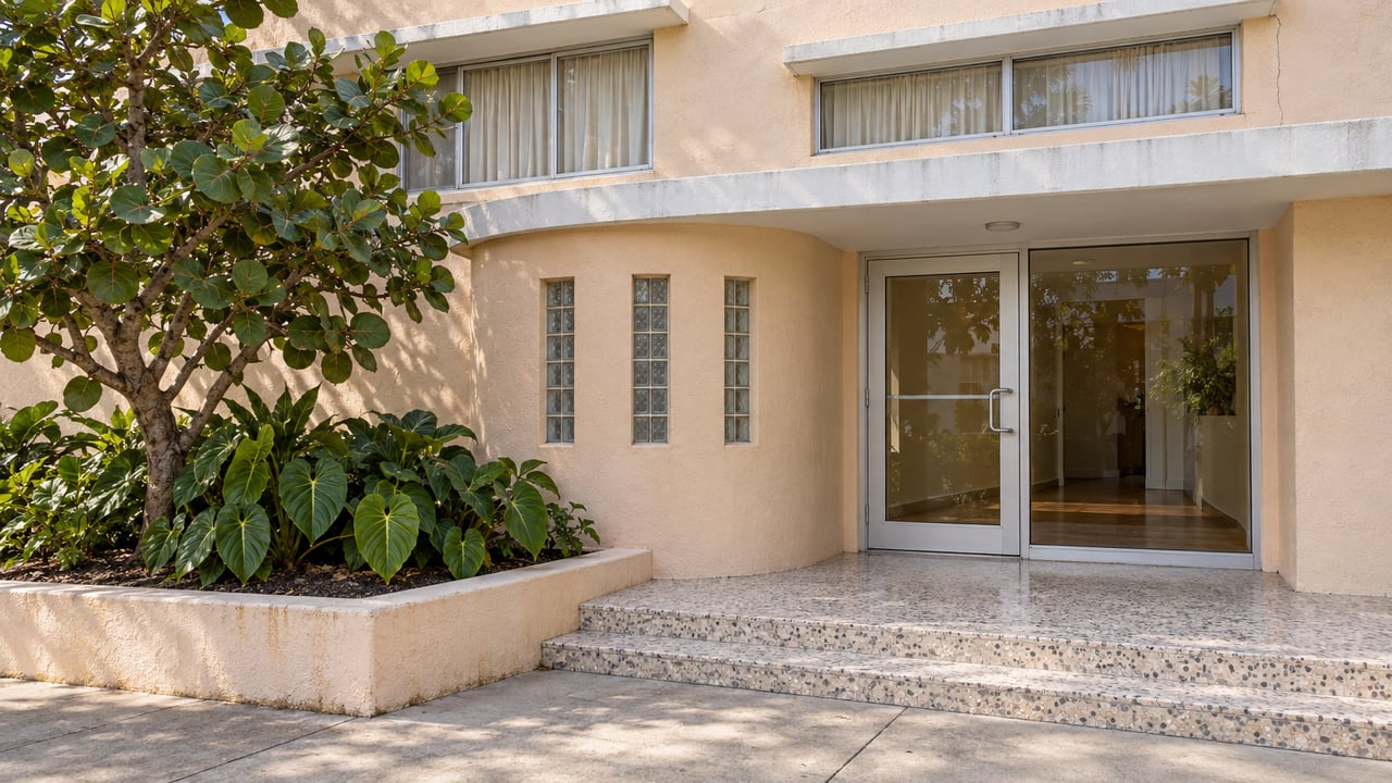 Apricot stucco apartment entrance with ribbon windows, terrazzo steps and a planted sea-grape tree.