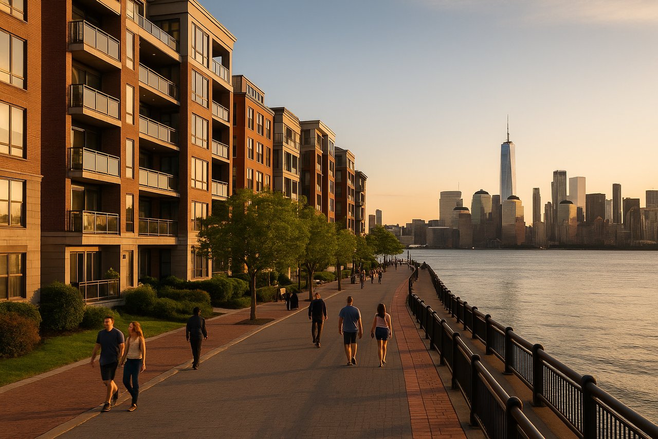 Hoboken waterfront promenade with modern condos, trees, and people walking, overlooking the Hudson River and Manhattan skyline at sunset.