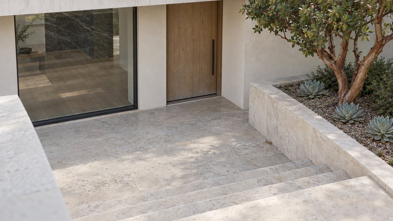 Elevated view across pale limestone entry steps toward a weathered oak door, charcoal-framed glass and a sculptural strawberry tree in a raised stone planter.