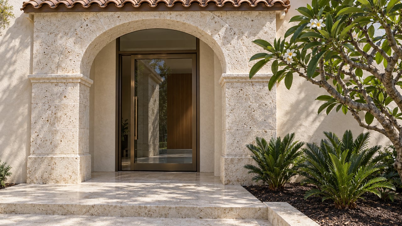 Sunlit limestone arch and bronze-framed glass entry beneath clay roof tiles, with sculptural flowering frangipani and coontie beside the stone landing.