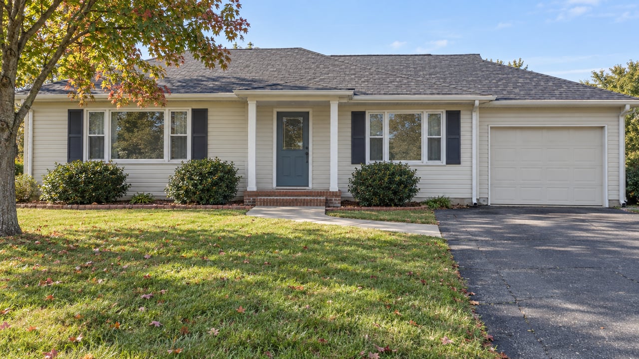 Ivory-sided single-story home with a blue front door, brick steps, attached garage, broad lawn and a red maple in early autumn.