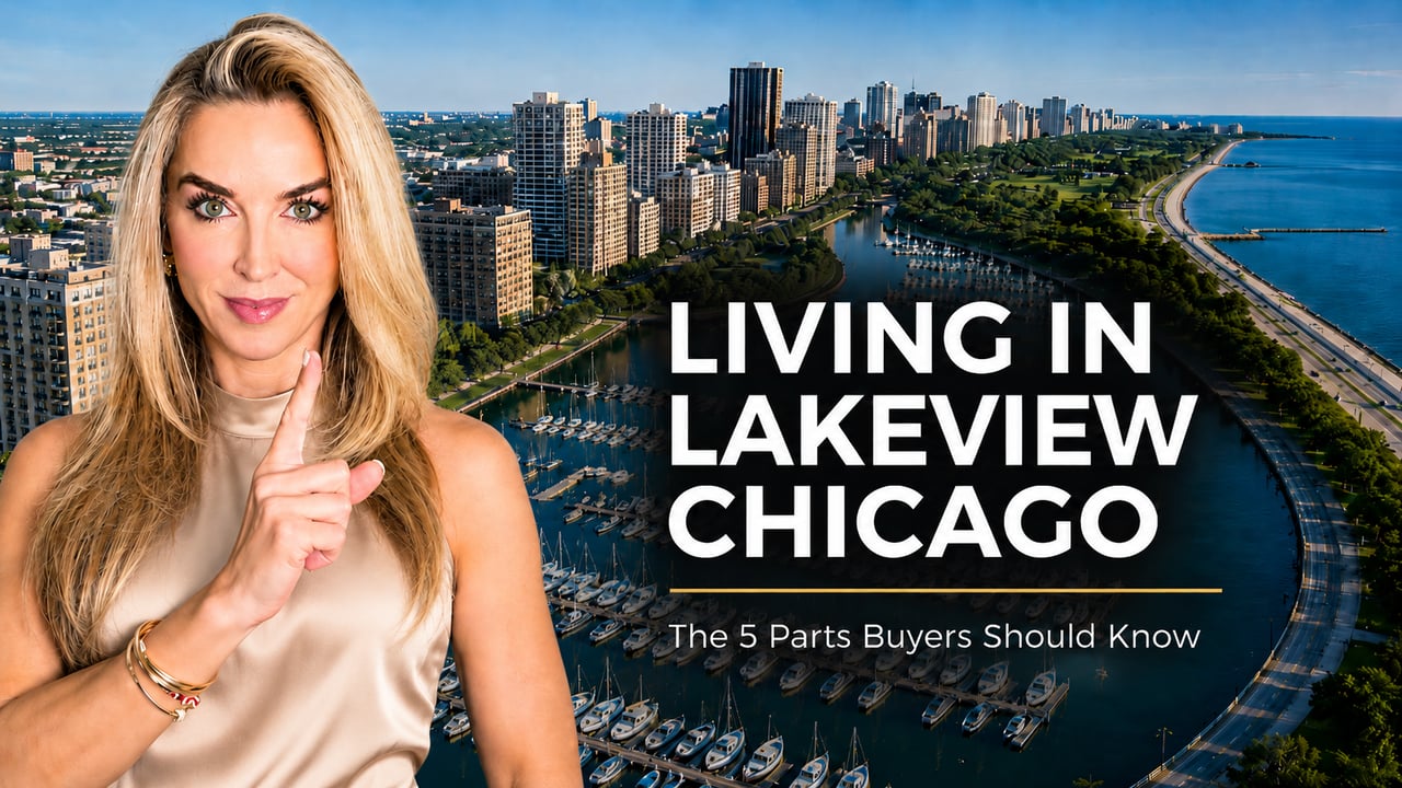 Aerial view of Belmont Harbor and Lakeview Chicago skyline with real estate agent Dee Savic